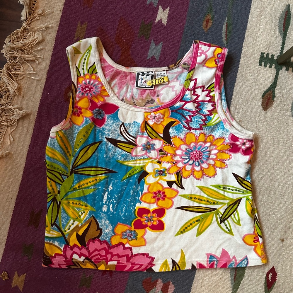 Take two vintage Colorful Floral all over print Tank Top 100% cotton M sequin